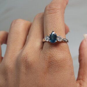 London Blue Topaz & Lab Grown Diamond Pear Round ring .925 Sterling Silver
